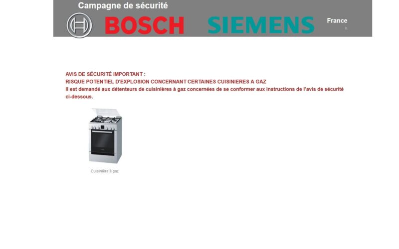 AVIS DE SECURITE SUR LES CUISINIERES A GAZ BOSCH et SIEMENS