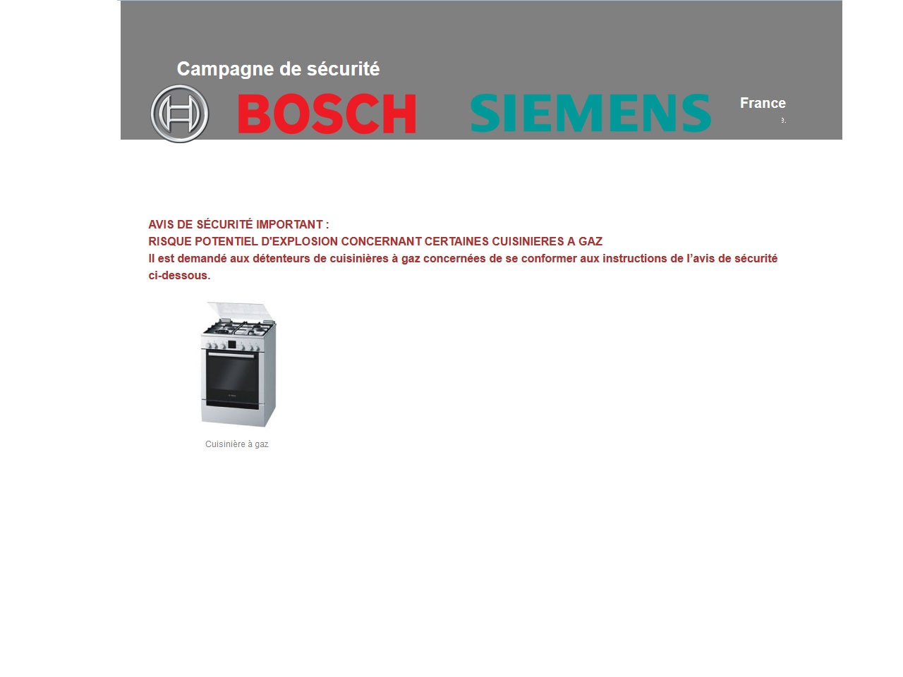 AVIS DE SECURITE SUR LES CUISINIERES A GAZ BOSCH et SIEMENS