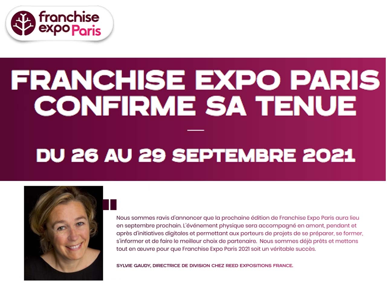 FRANCHISE EXPO PARIS  CONFIRME SA TENUE DU 26 AU 29 SEPTEMBRE 2021