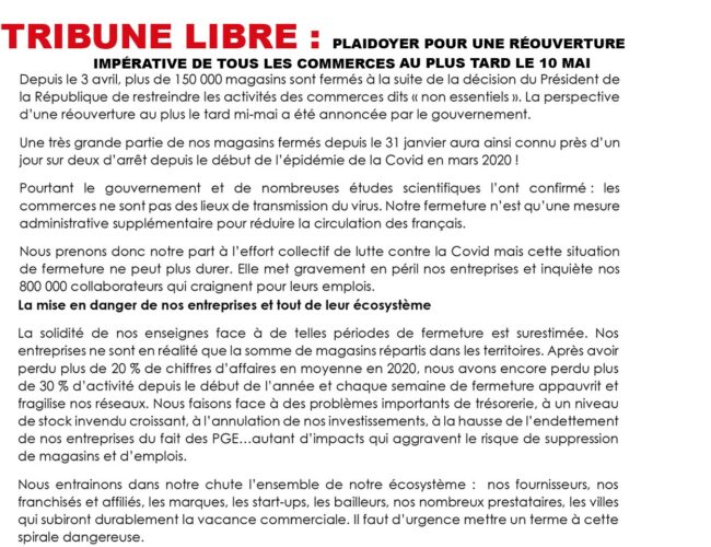 PROCOS : Plaidoyer pour une réouverture impérative de tous les commerces au plus tard le 10 mai