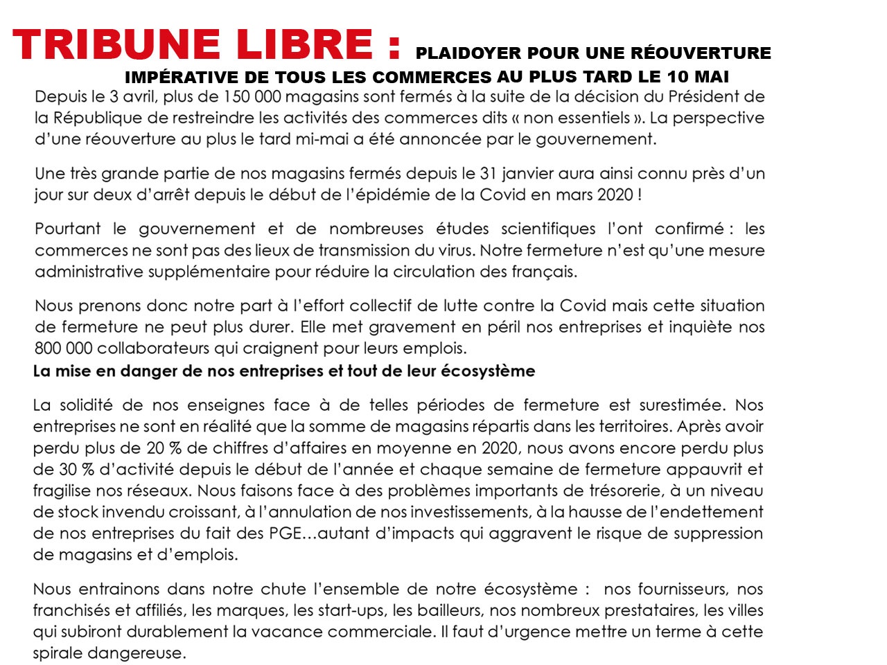 PROCOS : Plaidoyer pour une réouverture impérative de tous les commerces au plus tard le 10 mai