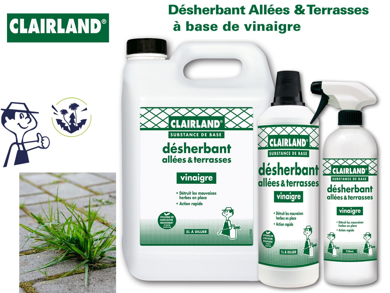 Clairland : un nouveau Désherbant de contact Allées & Terrasses à base de vinaigre, efficace !