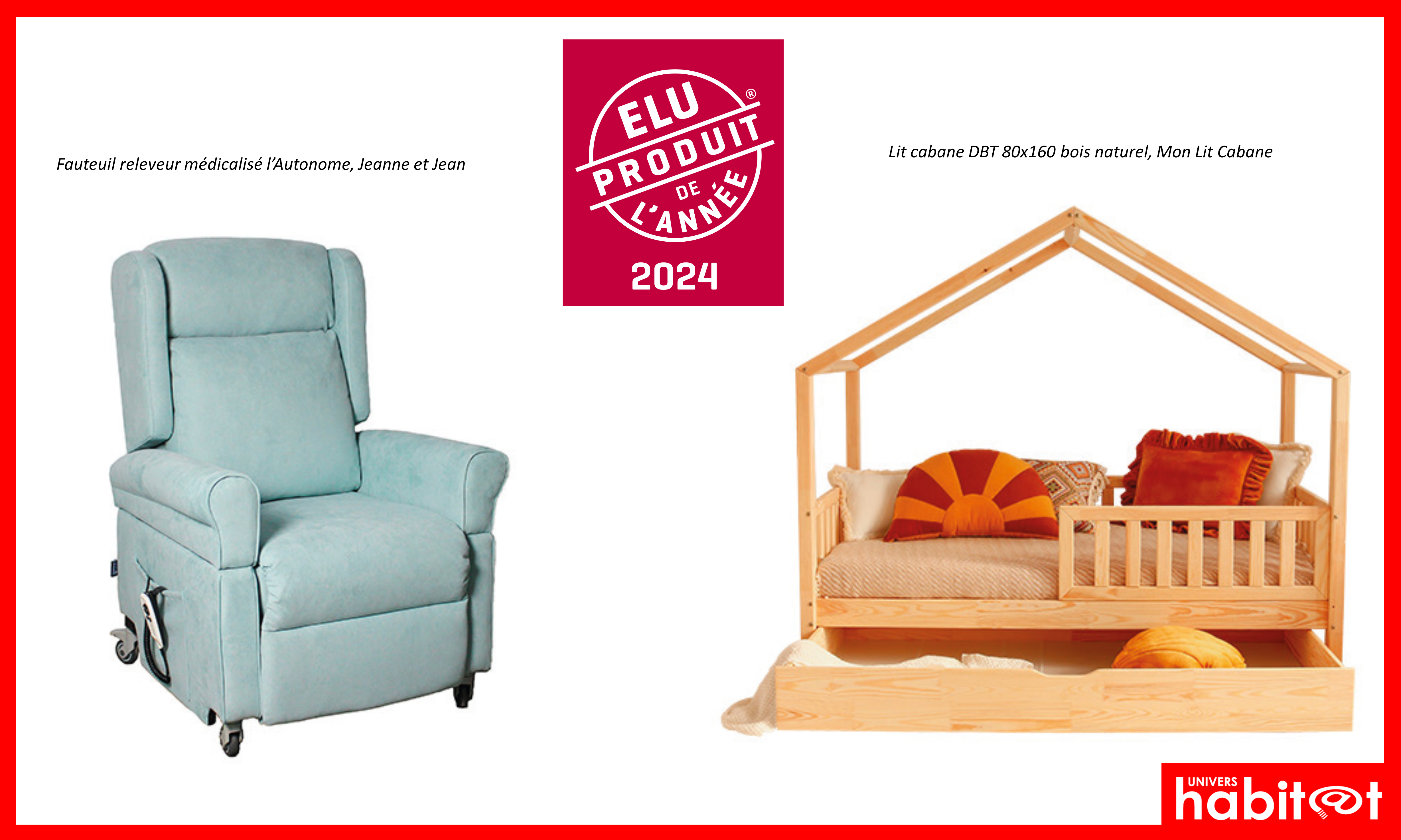 Un modèle de Mon Lit Cabane et un fauteuil Jeanne & Jean reçoivent le logo « Élu Produit de l’Année 2024 »