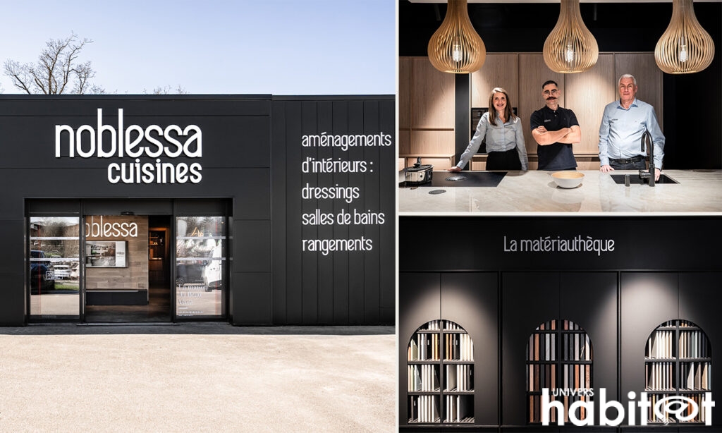 Devanture du magasin, ainsi qu'une photo de l'intérieur avec l'équipe du magasin et une photo de la matériauthèque