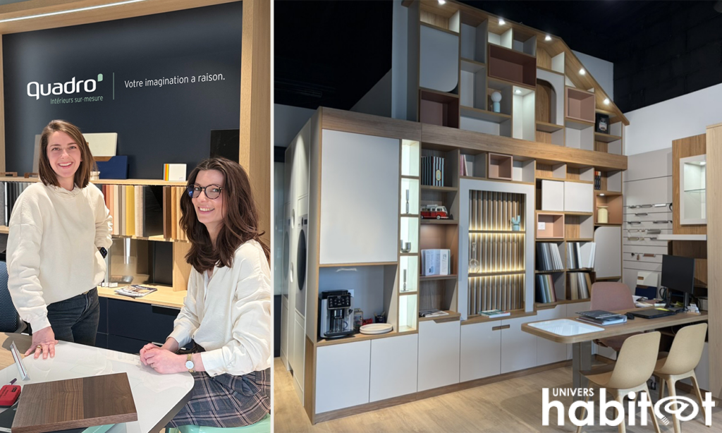A gauche, Marion Thel, gérante du magasin ainsi que Clémence, vendeuse. A droite, un exemple d'agencement Quadro sous forme de bibliothèque.