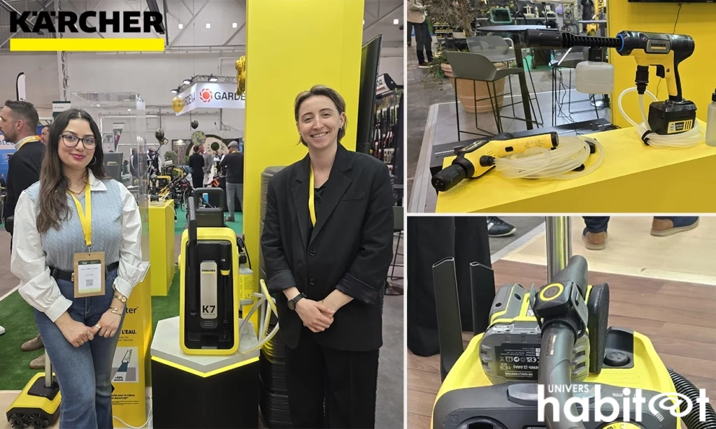 A Gauche, Marion Rigaud et Hajar Chkichakh, avec le nouveau nettoyeur haute-pression K7, à droite, les appareils moyenne pression et la télécommande pour aspirateur.