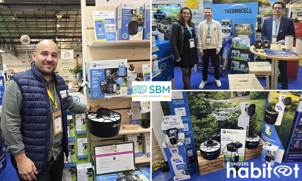 Collage de 3 photos prises sur le stand de SBM Life Science lors des JdC Garden Trends. Elles incluent des personnes travaillant pour SBM ou ses filiales.