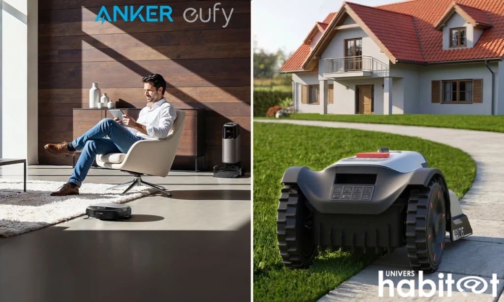 A gauche, l'aspirateur robot laveur Omni S2 au centre d'une pièce, et à droite, le robot de tonte C15 à cheval sur une bordure de chemin menant à une maison.