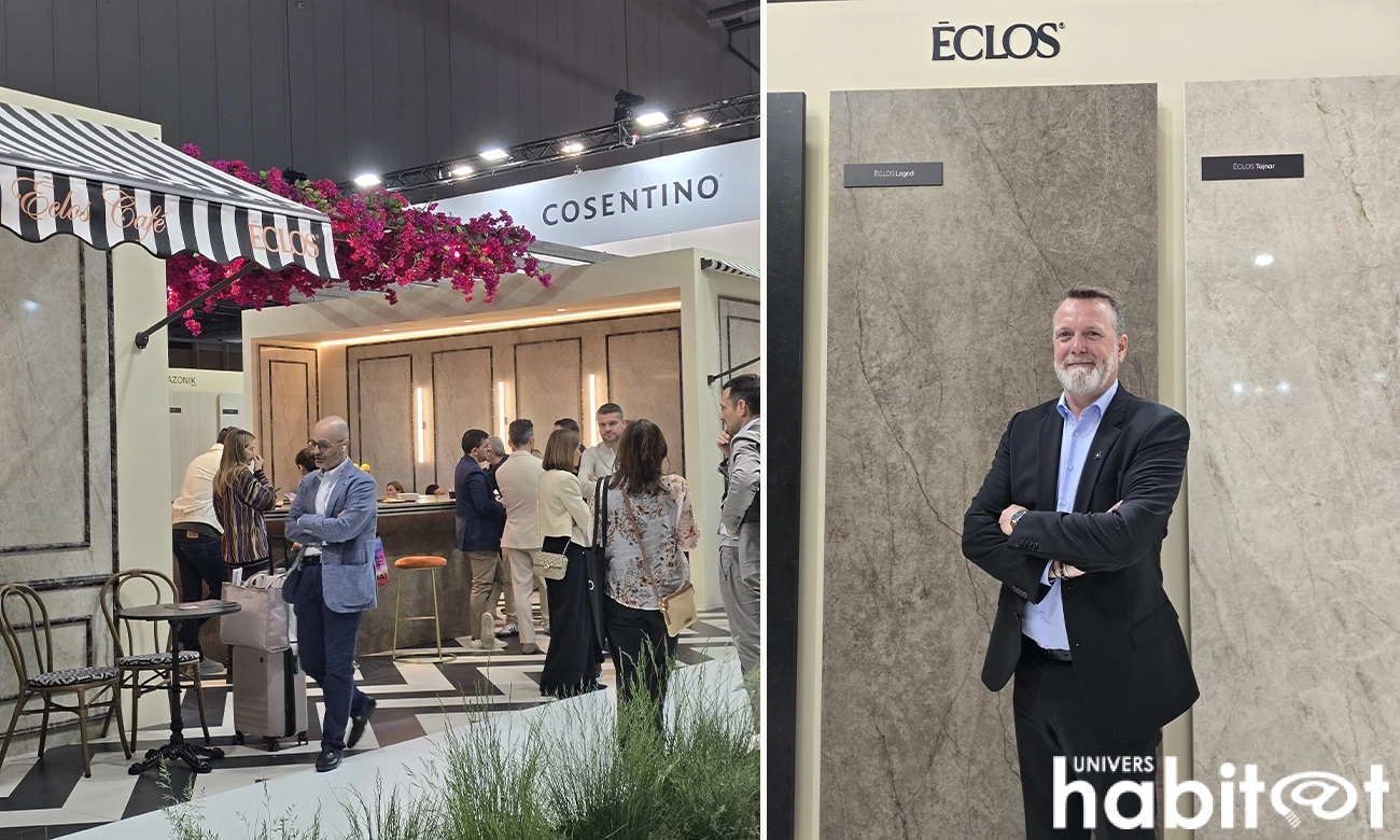 Collage de deux photos. A gauche, le stand de Cosentino à EuroCucina, qui utilise ses surfaces en pierre et des objets iconiques comme un parasol mural ou des chaises en rotin pour se rapprocher d'un café parisien. A droite, Anthony Glories devant les nouvelles surfaces marbrées de la nouvelle marque Eclos.