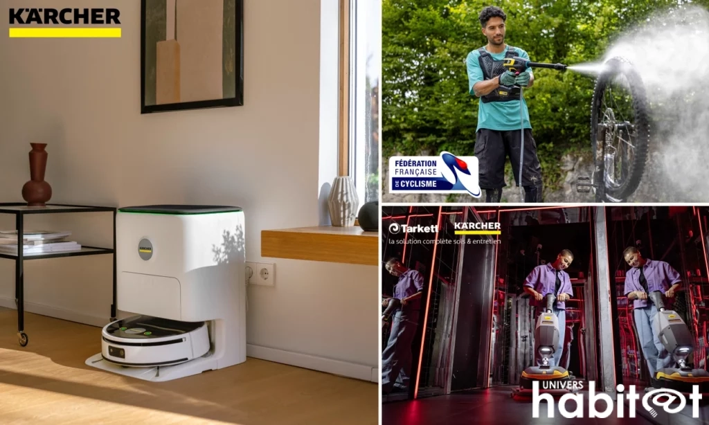 A gauche, un aspirateur robot laveur Kärcher dans sa station de charge dans l'angle d'une pièce de maison. A droite, en haut, une photo d'une personne qui nettoie son vélo avec un appareil Kärcher. En bas, une personne nettoyant un club avec le Kärcher K-Mop 46.