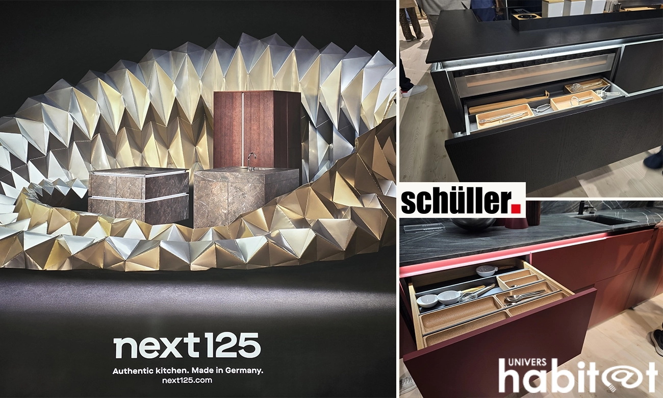 Photos du stand de Schüller lors d'Eurocucina. Deux photos à droite présentent les nouveautés RAL et LumiQ, tandis qu'une large photo à gauche présente la pièce Next125 pour la Design Week.