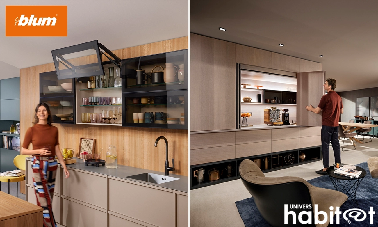 A gauche, Aventos Top, porte relevable Blum ; à droite, Revego, portes escamotables.