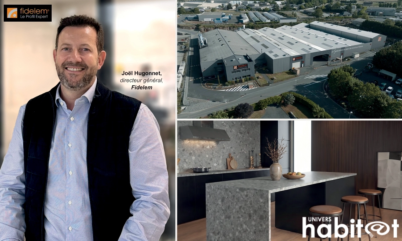 A gauche, Joël Hugonnet, à droite, un plan drone de l'usine Fidelem et un plan de travail style marbre du fabricant.