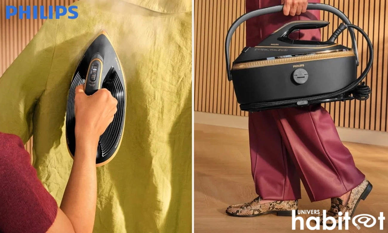 Deux images de la Philips Série 8000 : à gauche, la centrale est utilisée pour repasser à la verticale ; à droite, une personne la transporte grâce à sa poignée pliable.