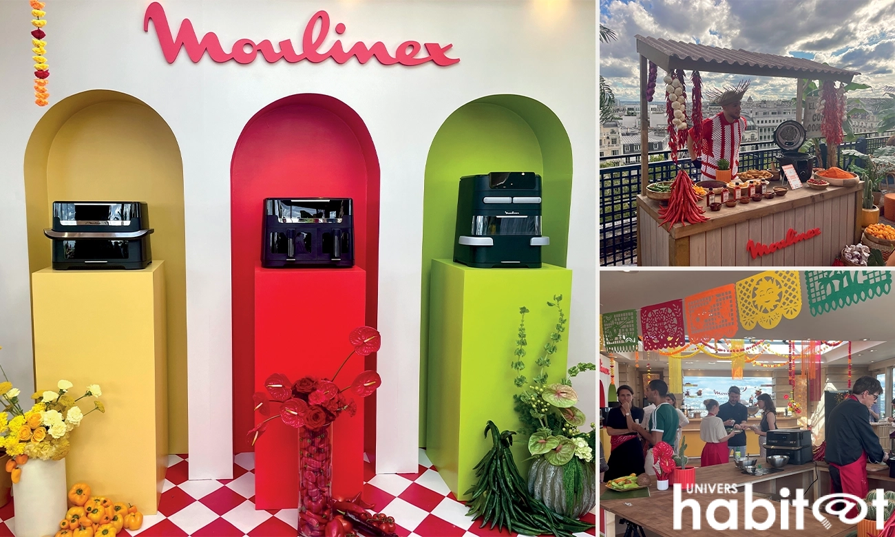 Trois photos prises lors d'un évènement Moulinex en juillet dernier. A gauche, les nouveaux produits présentés sur des piliers colorés ; à droite, un bar à cocktail et des personnes discutant.