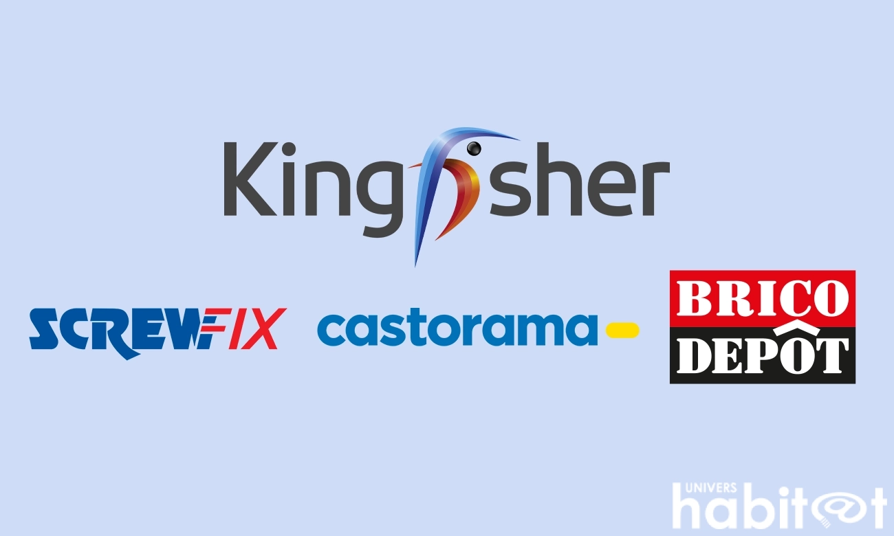 Logos de Kingfisher, Screwfix, Castorama et Brico Dépôt sur un fond bleu pastel.