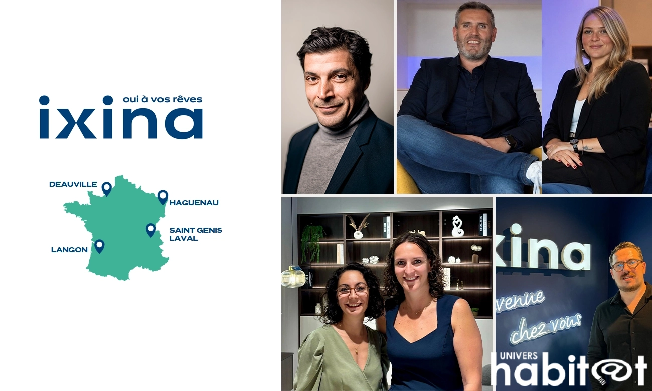 A gauche, le logo Ixina et une carte de la France représentant les ouvertures, à droite, une mosaïque de photos portraits des dirigeants.