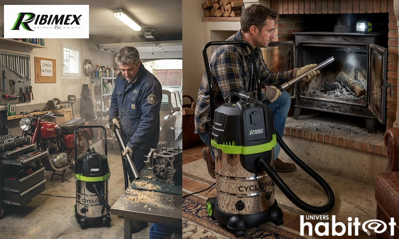 A gauche, un homme dans son atelier qui aspire des sciures de bois. A droite, un homme qui aspire les cendres de son insert.
